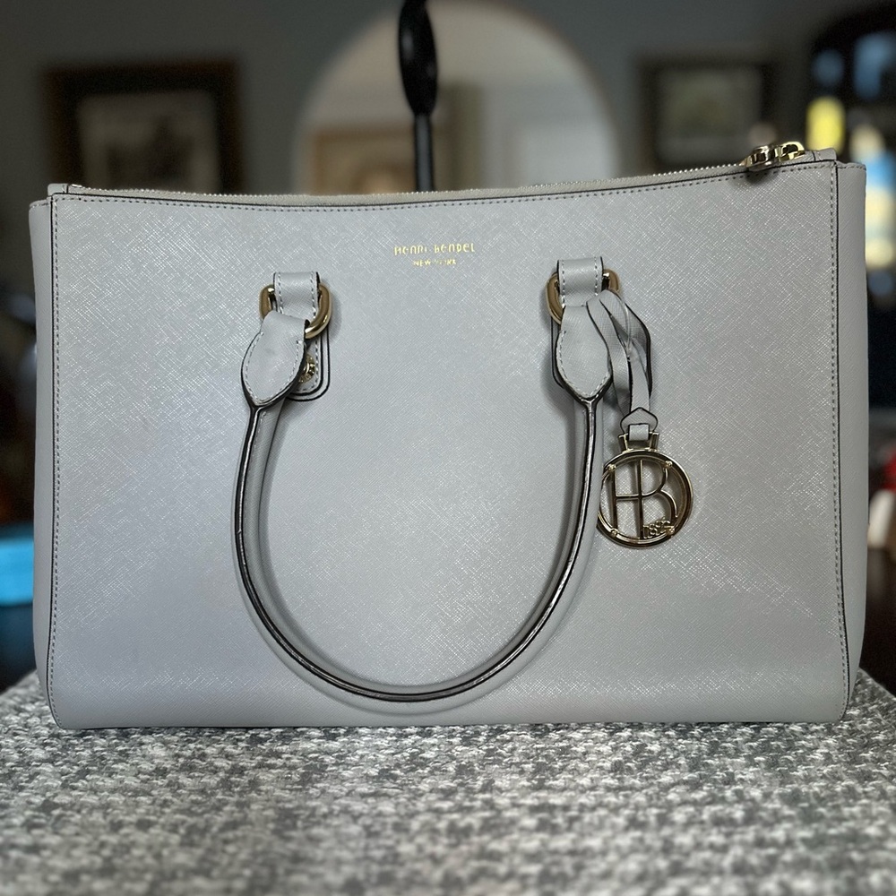 Henri Bendel Gray Leather Gold Hardware Leather Tote Bag EUC